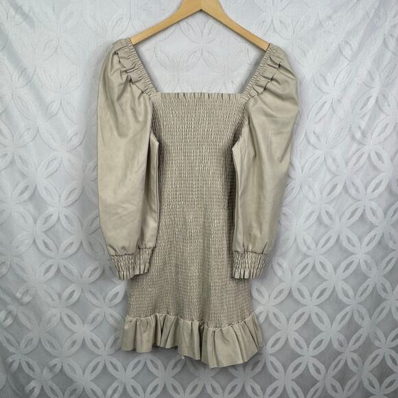 7 For All Mankind Faux Leather Smocked Ruffled Mini Dress Size L NWT - Picture 6 of 10